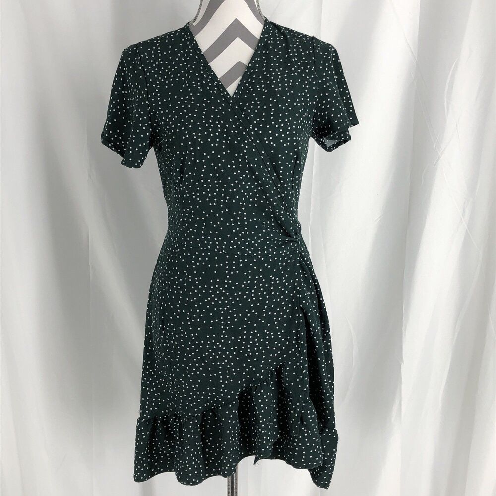 Naggoo Wrap Midi Dress Green Dots V Neck Short Sleeve Ruffle Women’s Small
